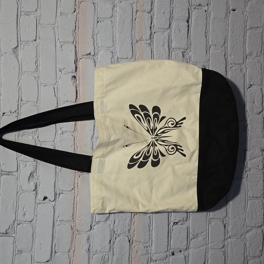 Butterfly tote bag white black 100% cotton 18"x15"x4"